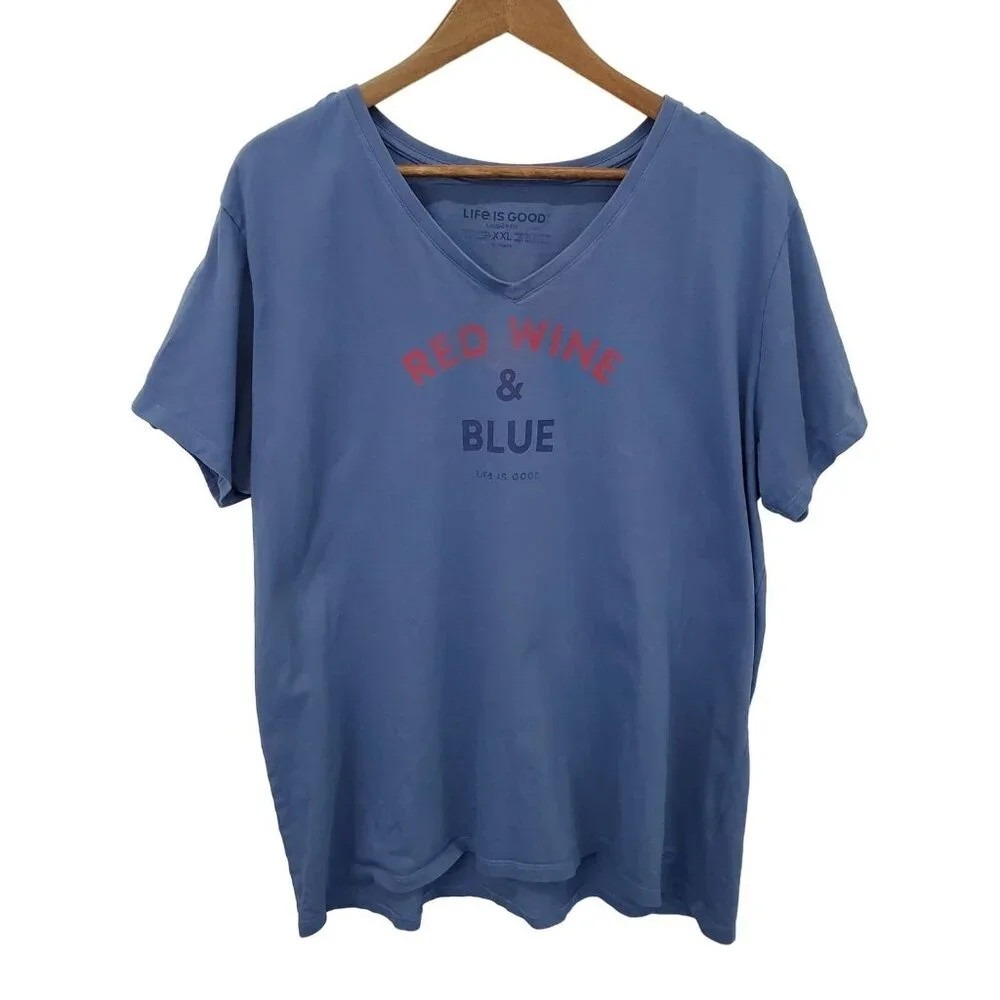Life Is Good Womens 2XL Blue Crusher Tee Red Wine & Blue Graphic V-Neck T-Shirt